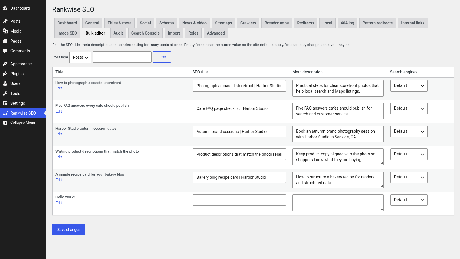 Screenshot of the Rankwise SEO Suite bulk editor listing posts with SEO titles and descriptions