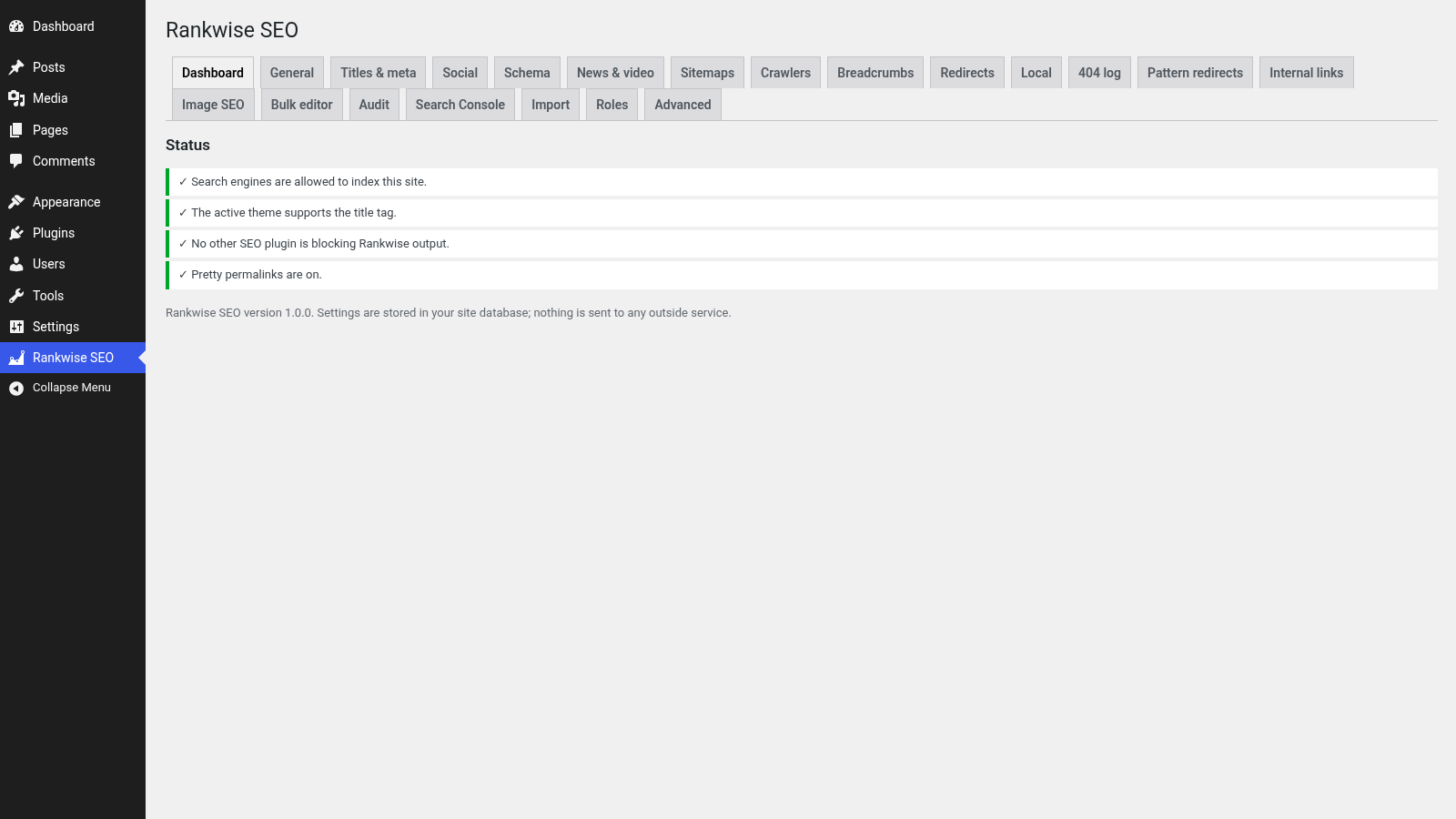 Screenshot of the Rankwise SEO Suite dashboard showing site status checks and the full settings tab bar