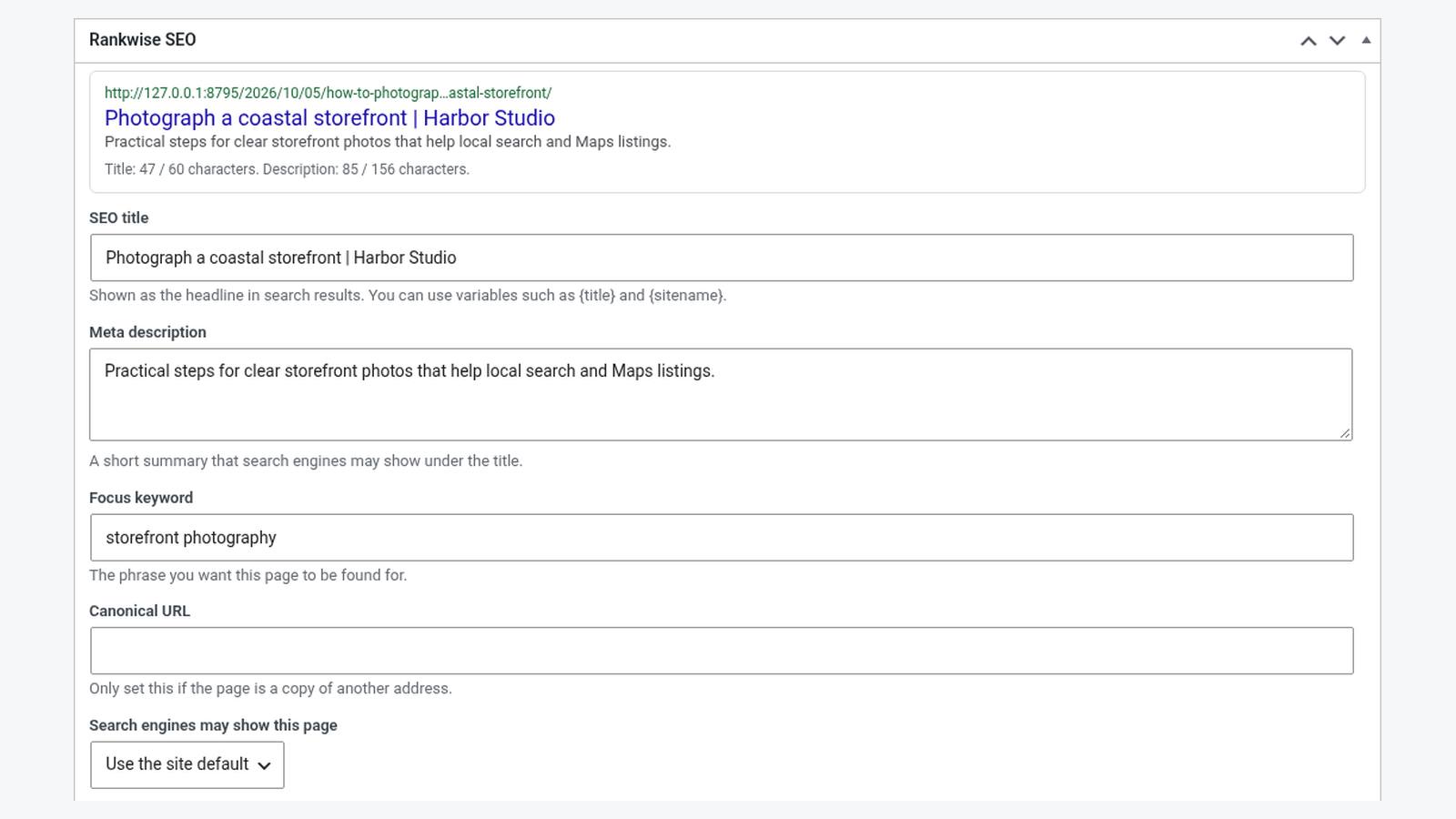 Screenshot of the Rankwise SEO box on a post edit screen with SERP preview, title, description and focus keyword fields