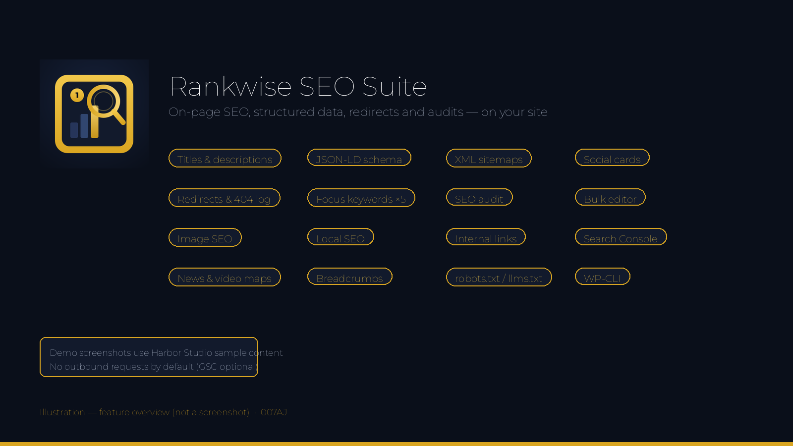 Illustration of Rankwise SEO Suite features: titles, schema, sitemaps, redirects, keywords, audit, local SEO and Search Console