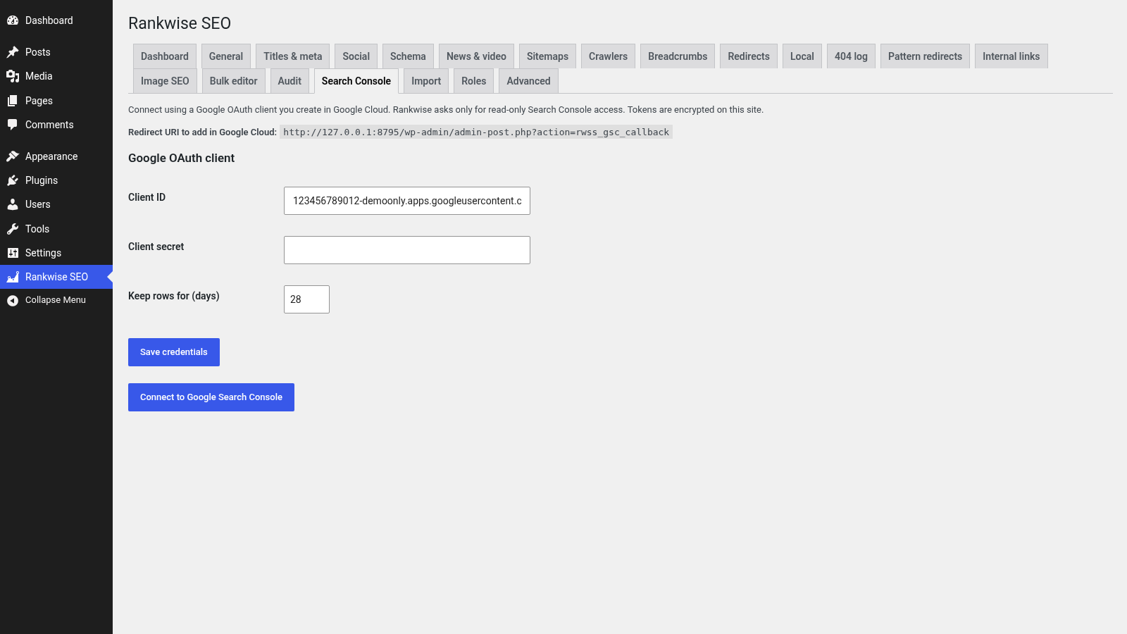 Screenshot of Search Console settings with a demo Client ID field and empty client secret