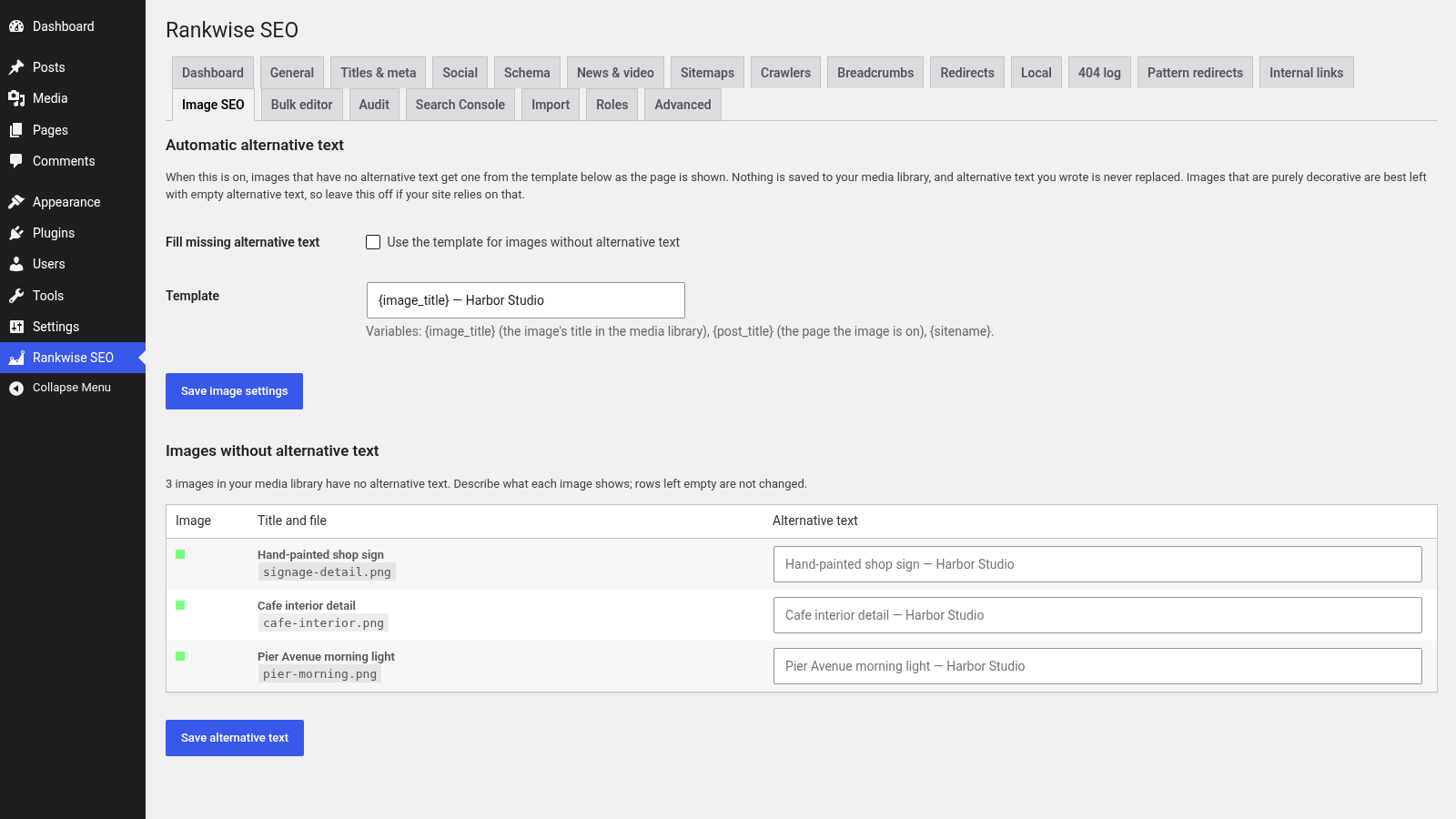 Screenshot of Image SEO listing media library images without alternative text