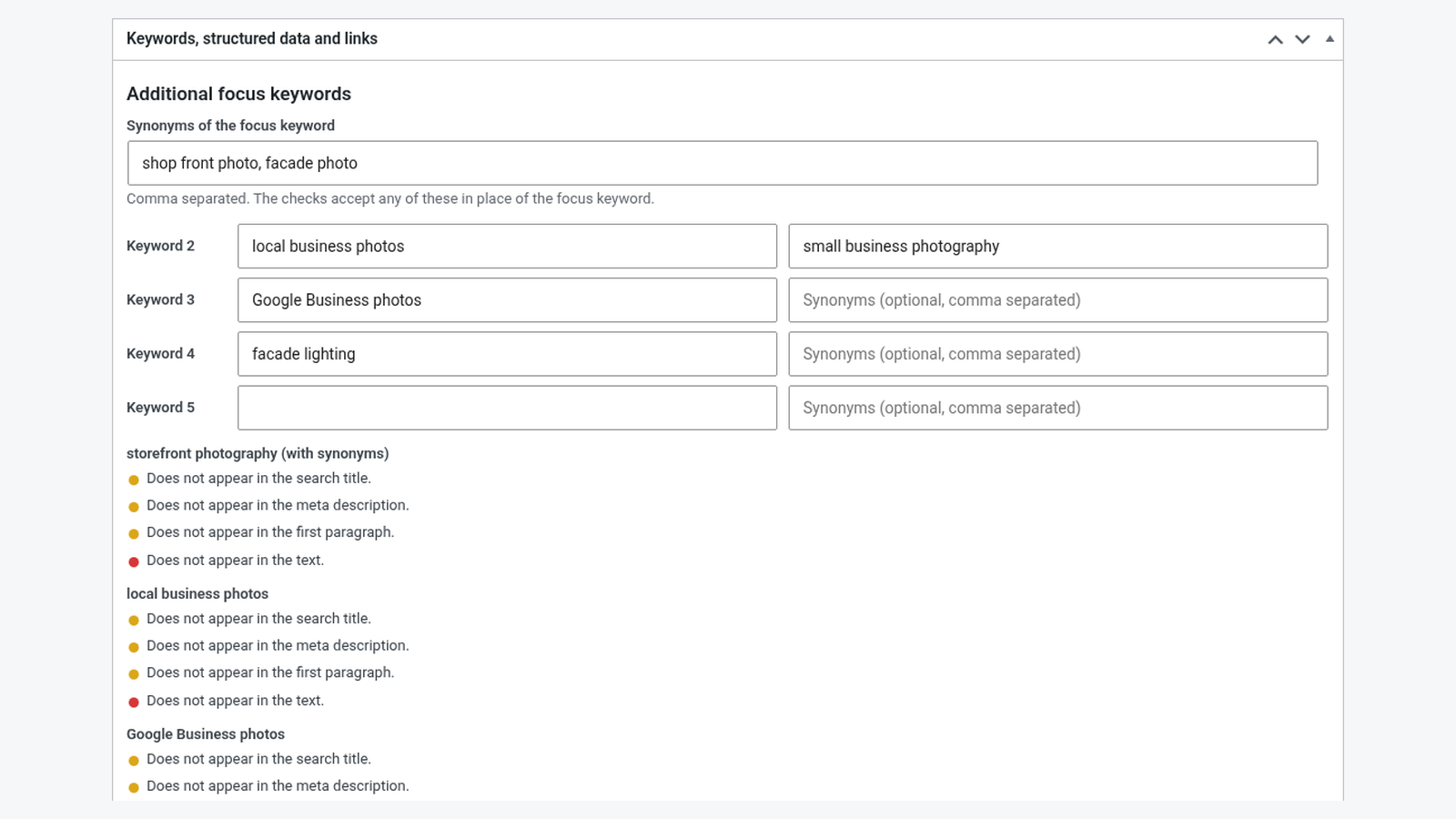 Screenshot of additional focus keywords and synonyms in the Rankwise SEO Suite editor box