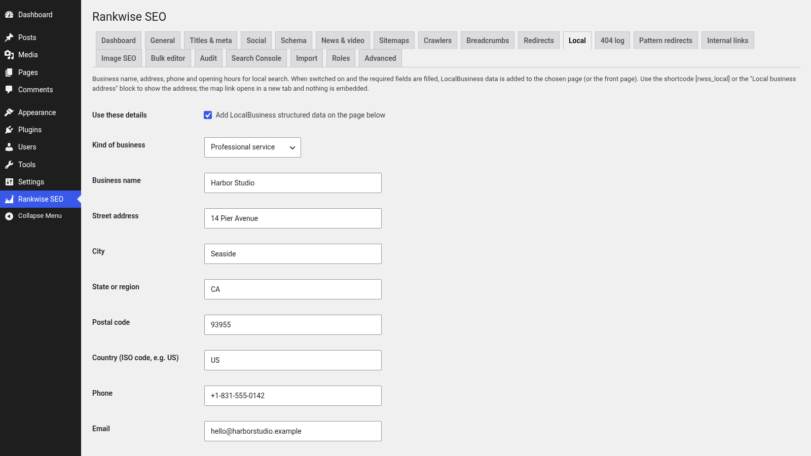Screenshot of Local SEO settings with Harbor Studio address, phone and opening hours
