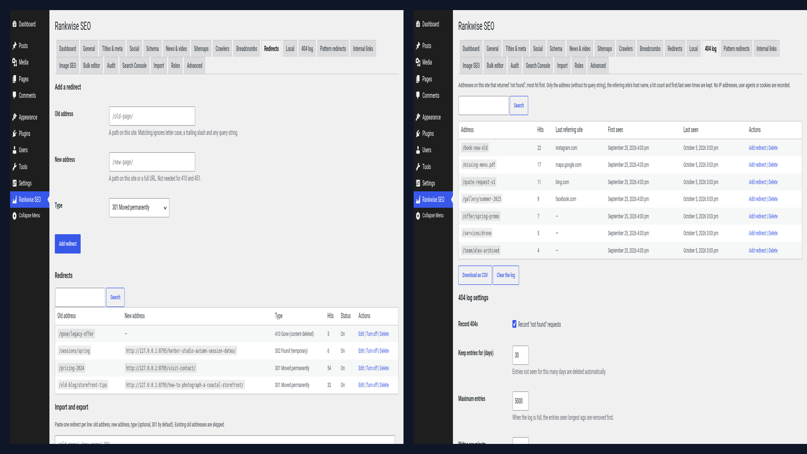 Screenshot collage of Rankwise SEO Suite redirects list and 404 log with sample Harbor Studio paths