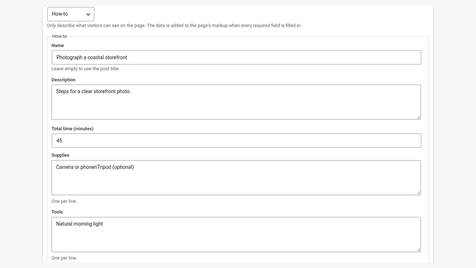 Screenshot of the structured data type selector and how-to fields in Rankwise SEO Suite