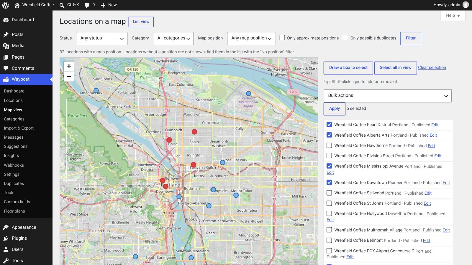 Map view of all locations in Portland with five pins selected by drawing a box, ticked in the list beside the map with bulk actions