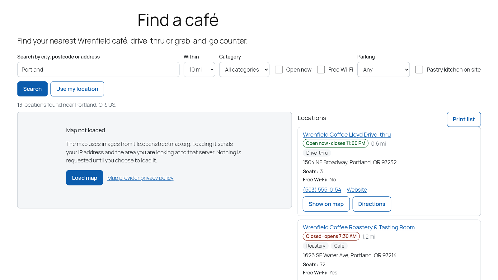 Locator before consent: the map area says Map not loaded with a Load map button, while the list of cafés already shows