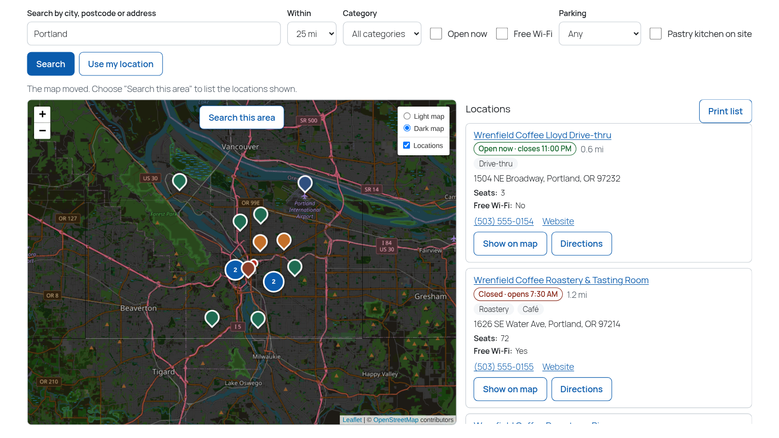 Dark map layer with numbered cluster bubbles, coloured category pins, a Search this area button and the light or dark layer switcher