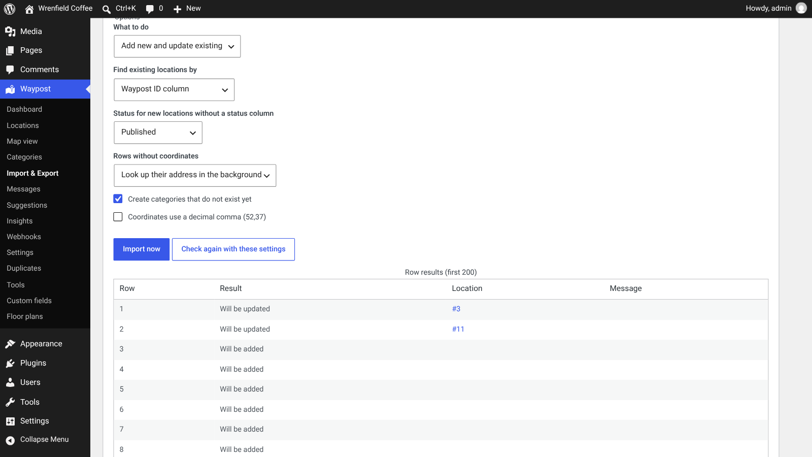 Import check showing options and row results: two locations will be updated and six will be added, before anything is saved