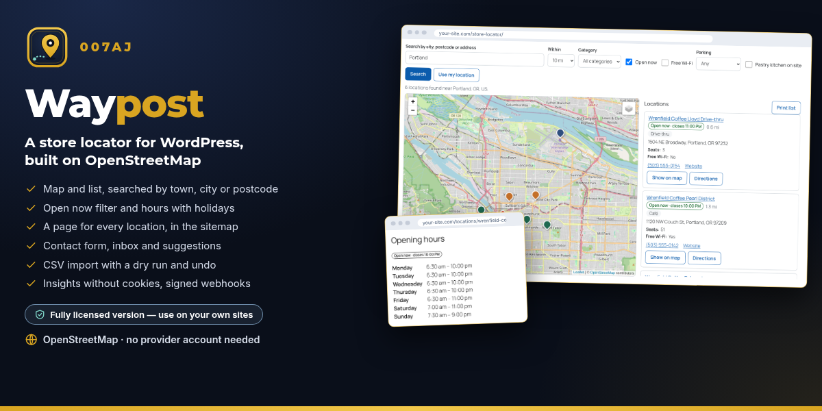Waypost by 007AJ: a store locator with a map, search filters and a list of cafés, plus a location page with opening hours