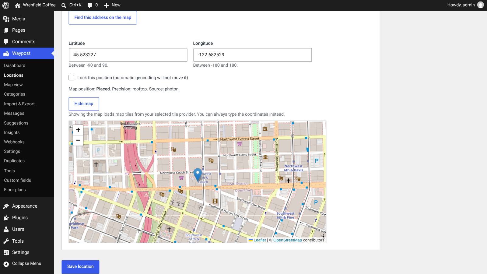 Location editor with latitude and longitude, map position placed with rooftop precision, and a map to adjust the pin