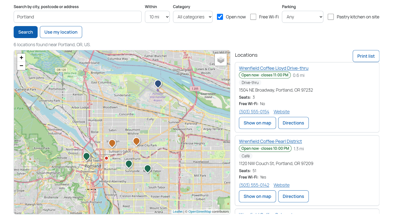 Store locator searching Portland within 10 miles with Open now ticked: OpenStreetMap pins on the left and café cards with open-now badges on the right