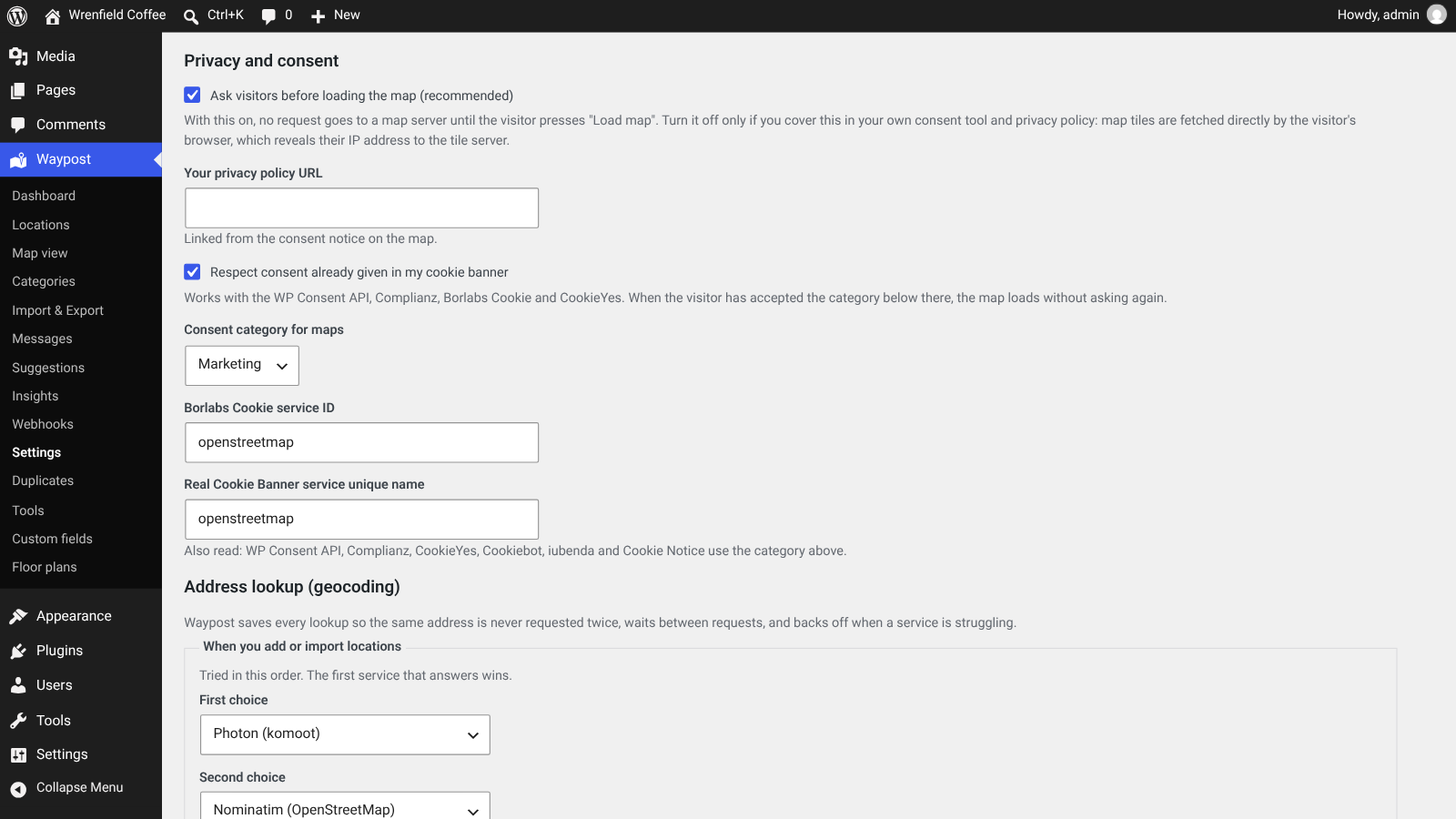 Privacy and consent settings: ask visitors before loading the map, privacy policy link and consent category for maps