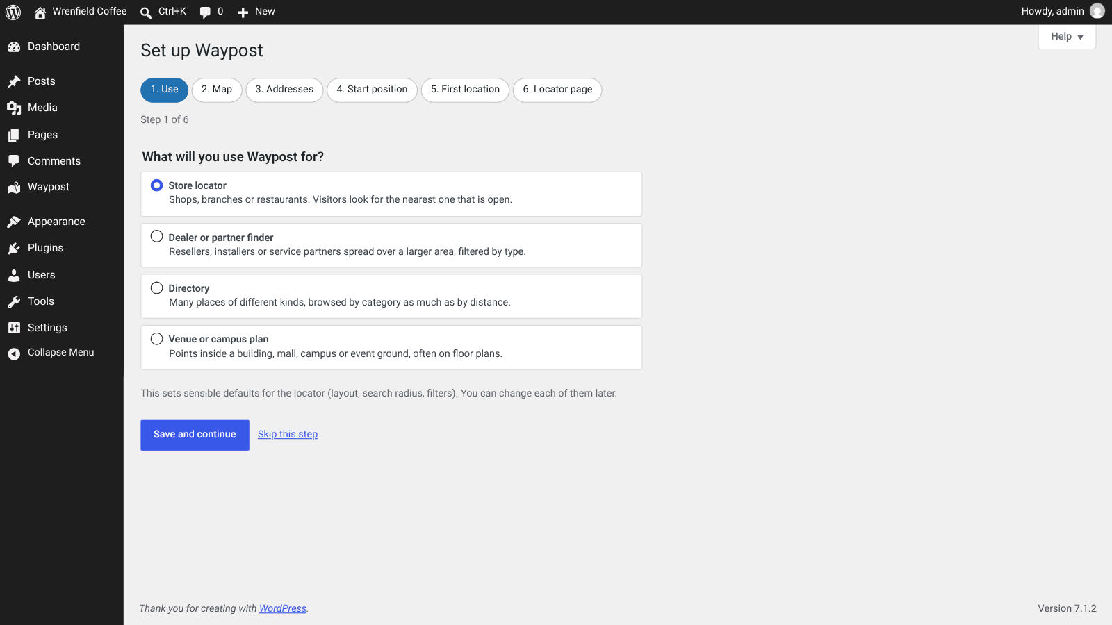 Setup wizard step one: choose store locator, dealer finder, directory or venue plan