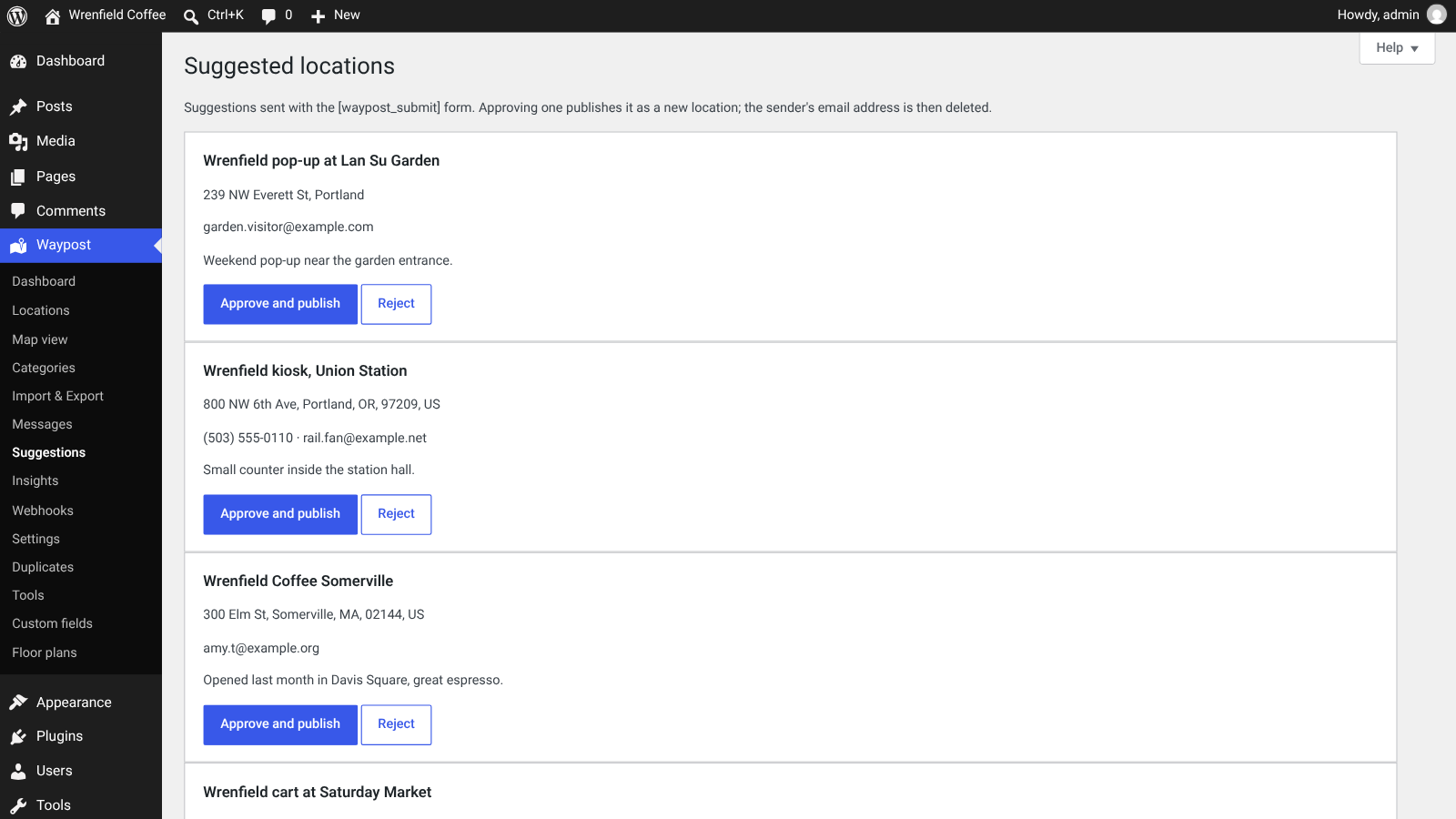 Suggested locations from visitors waiting for review, each with Approve and publish or Reject buttons