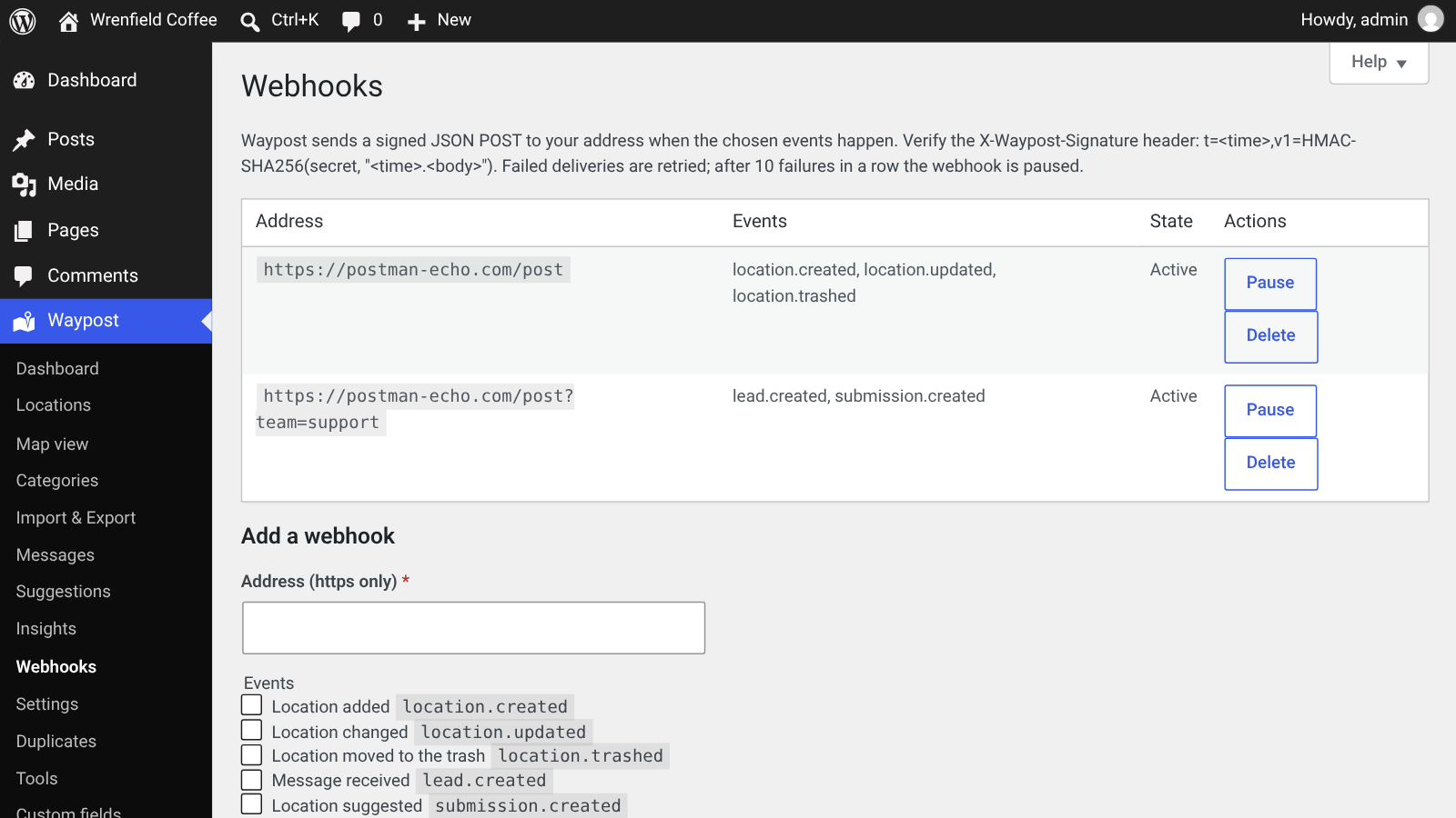 Webhooks screen with two signed webhook addresses, their events and the form to add a webhook